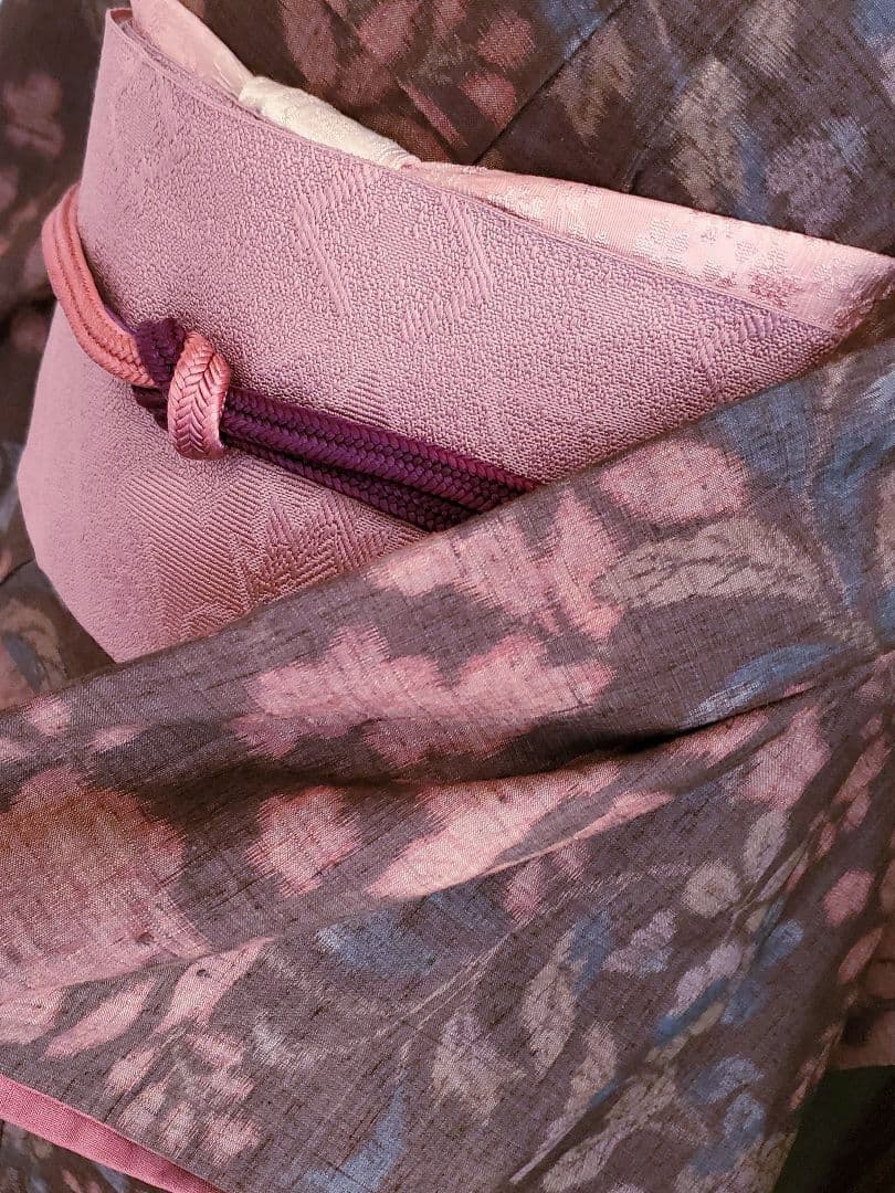 【スモールサイズ＊】辻が花の紬　茶色　ピンク　正絹　特価☆