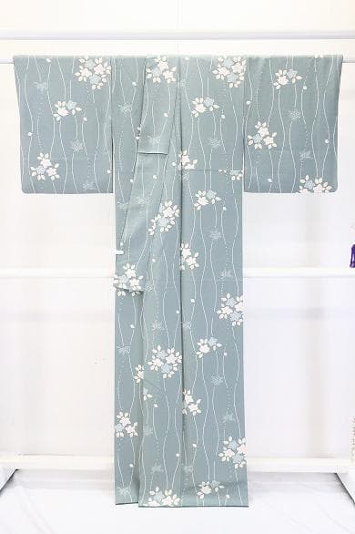 ★専用★未使用品 小紋 縮緬地 くすんだ青緑 立涌文身丈163cm 袷 お洒落