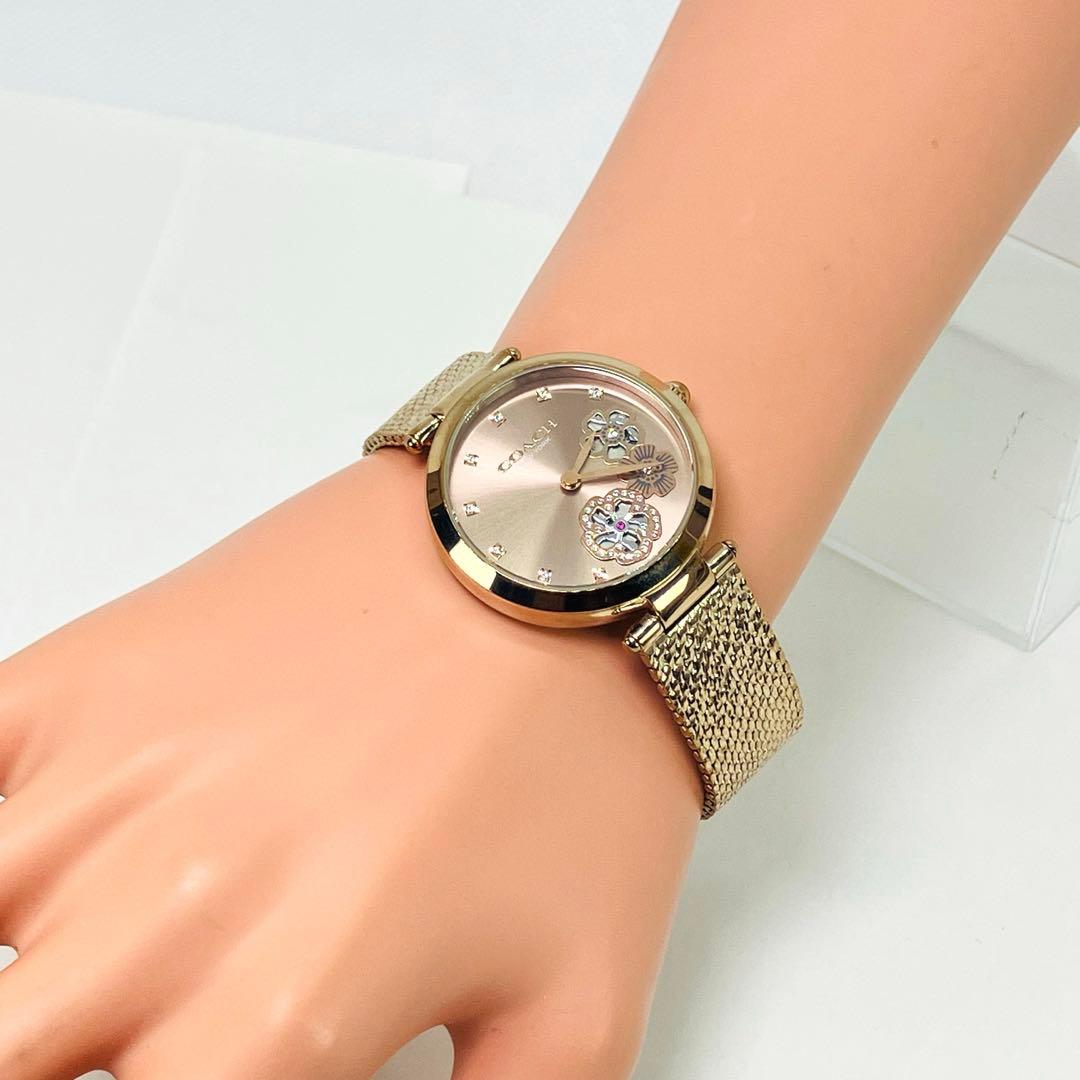 美品 コーチ ラインストーン付 花柄 レディース腕時計 ピンクゴールドカラー