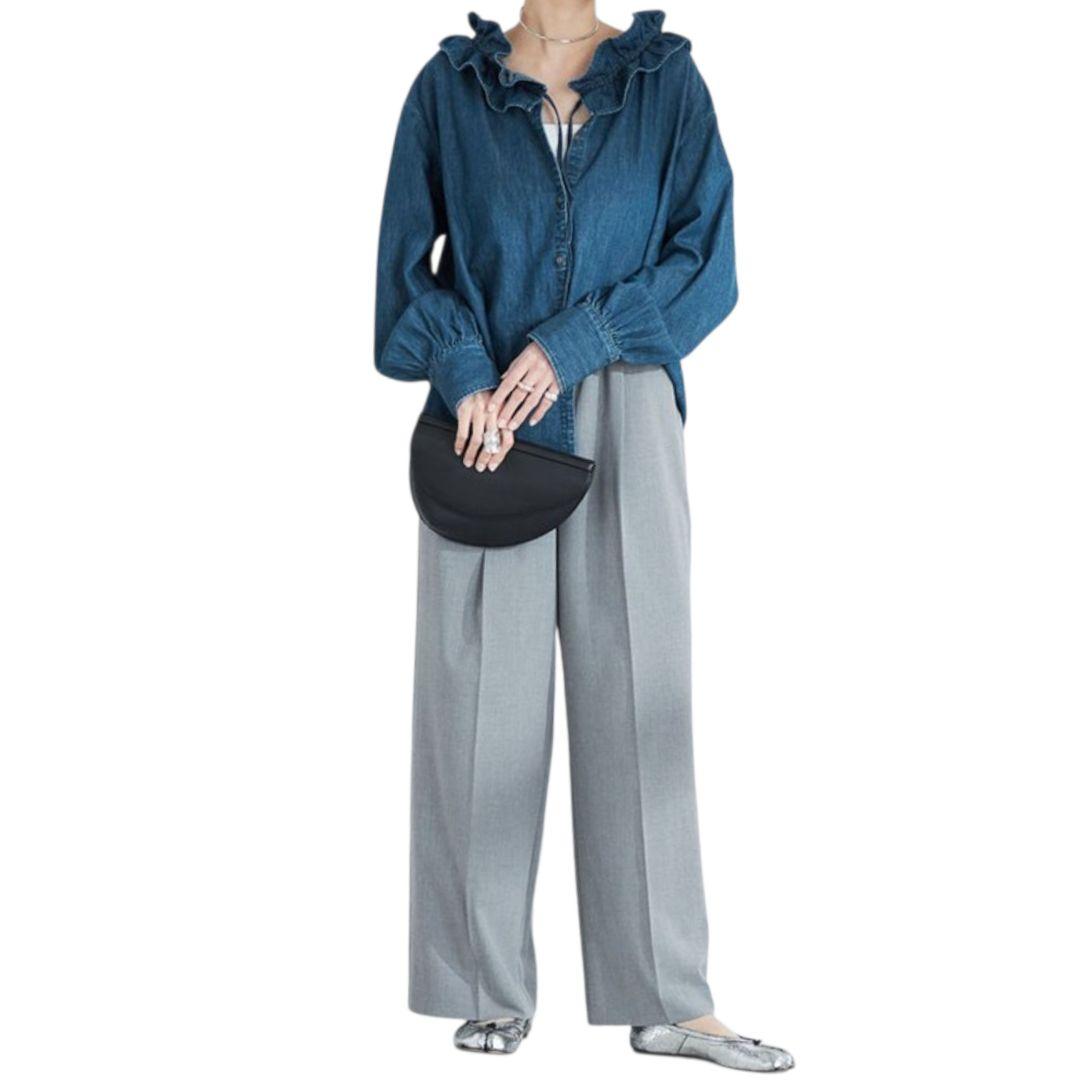 未使用★ノーリーズ★RM denim★リエミラー★フリルギャザーデニムブラウス