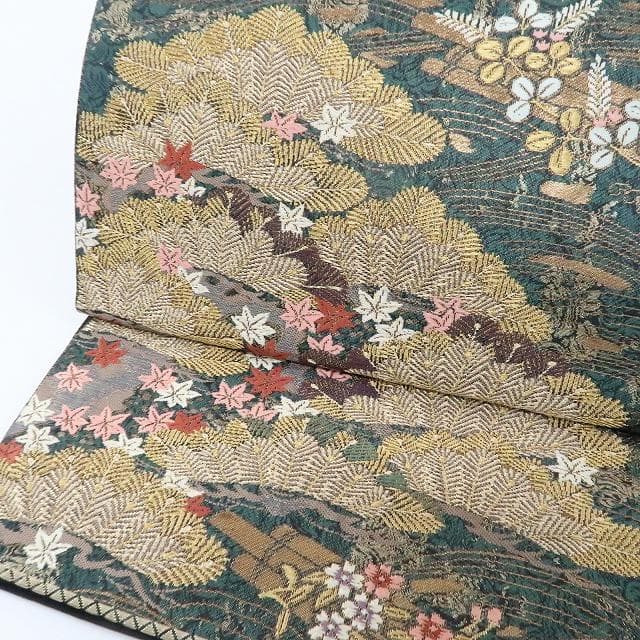 新品 正絹 着物“波に乗って舞い上がる松に梅、花筏☆”袋帯 L-20