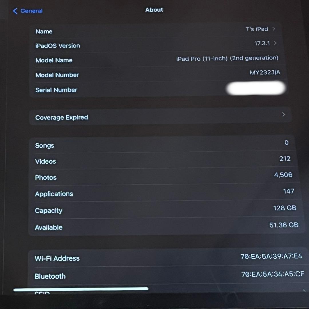 iPad Pro 11inch第二世代 Wi-Fi 128GB