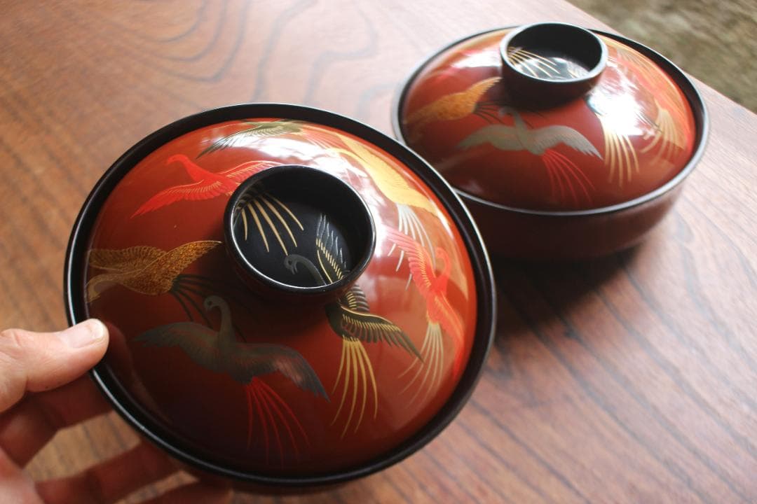 デッドストック！上質朱漆に極上鳳凰蒔絵の大平椀2点（検輪島塗蒔絵椀煮物椀雑煮椀