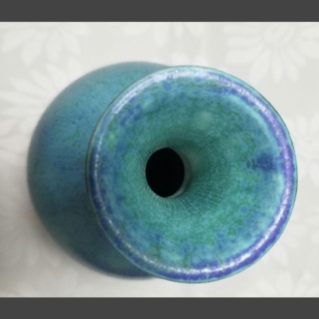 花器 花生 陶磁器　織部鶴首　花生　橘きち青緑色 陶器 花瓶 木箱付き