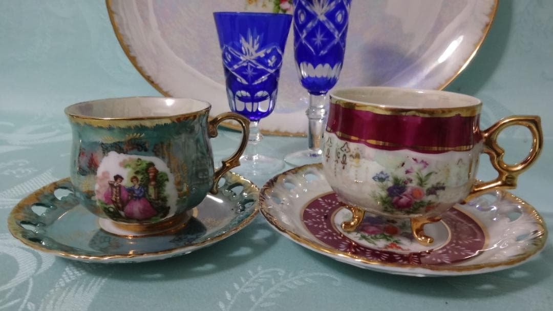 稀少 卵殻手 エッグシェル 古美術品 海外輸出用 虹色 碗皿 大皿 切子 セット