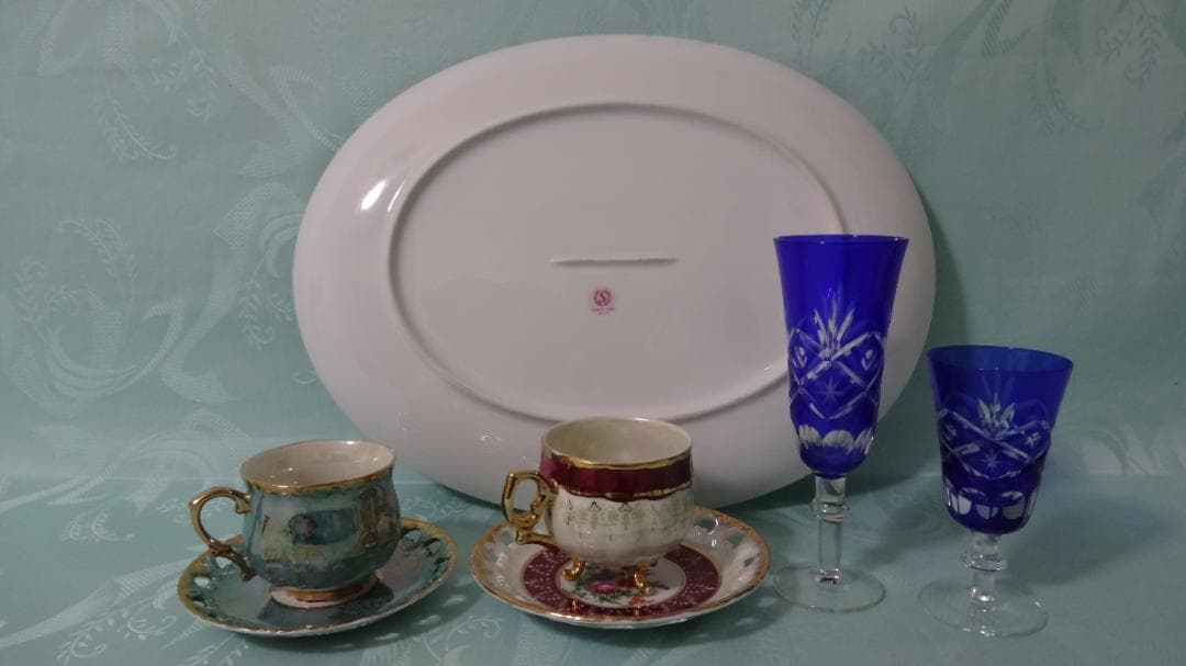 稀少 卵殻手 エッグシェル 古美術品 海外輸出用 虹色 碗皿 大皿 切子 セット