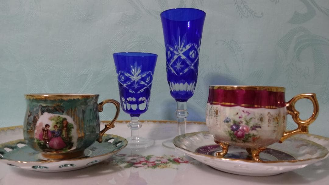 稀少 卵殻手 エッグシェル 古美術品 海外輸出用 虹色 碗皿 大皿 切子 セット