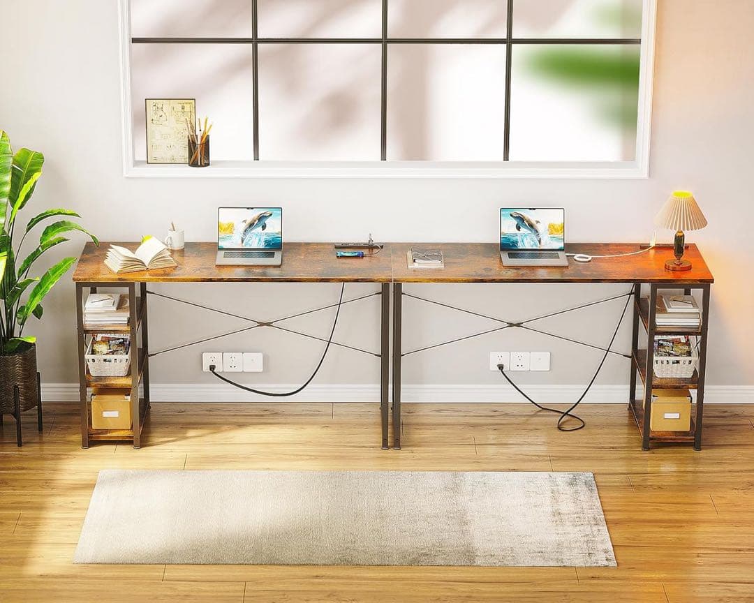 ビンテージ調デスク幅120cmコンセント3段ラック収納フック付き左右入替え対応