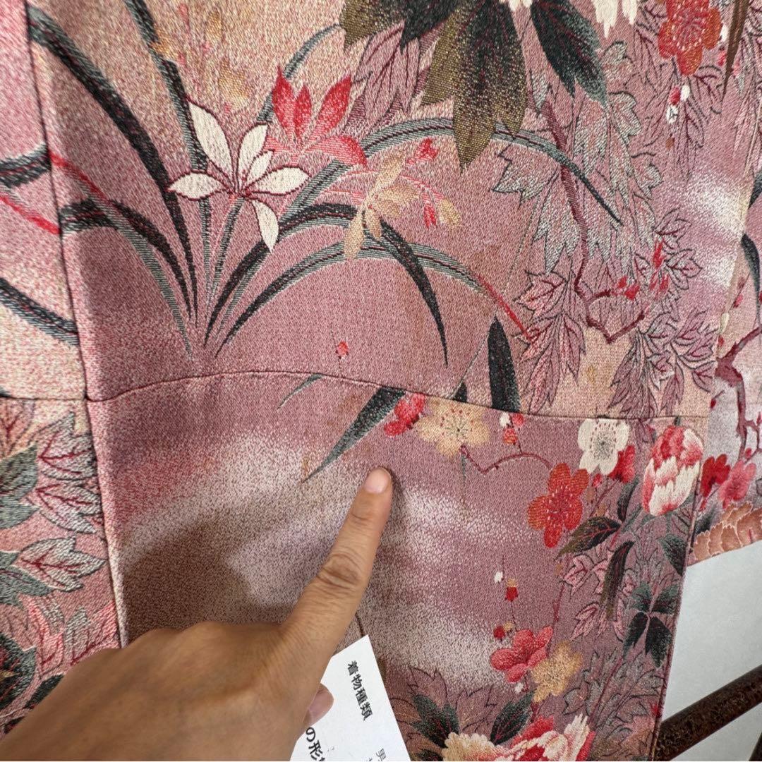 タイムセール！袷正絹着物　お召　147cmくすみピンク牡丹　個性的　アンティーク