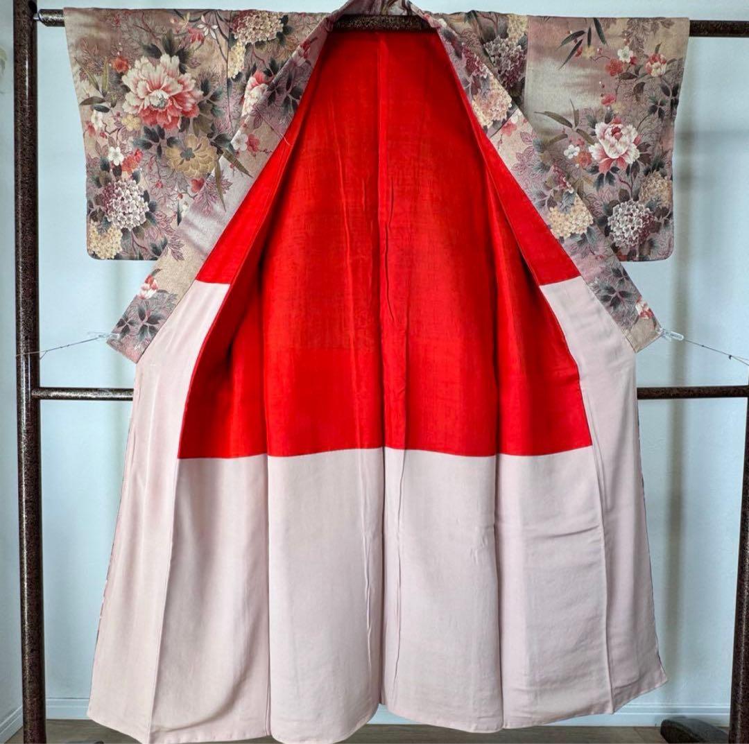 タイムセール！袷正絹着物　お召　147cmくすみピンク牡丹　個性的　アンティーク