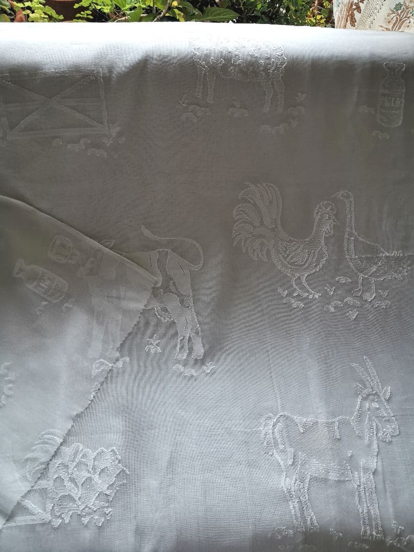 17日特別価格✾アンティーク牧場マドラスレース 酪農 羊馬山羊豚鶏カーテンパネル