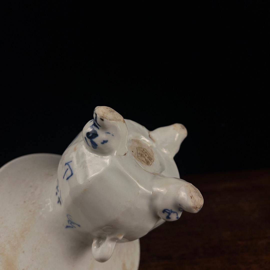 は*ま様 在銘 染付双耳盤口三足香炉 純銀刻火屋付