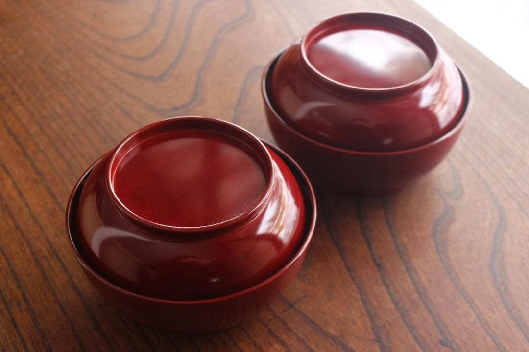 デッドストック！極上紅溜に優美な桐花蒔絵の映えるお椀2点（検輪島塗京塗煮物椀