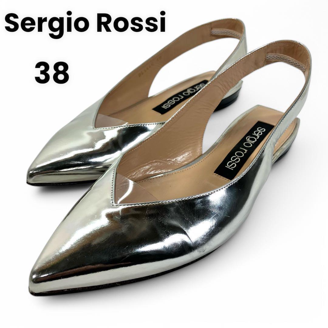 セルジオロッシ 38 24.5 レザー ミュール ポインテッドトゥ シルバー