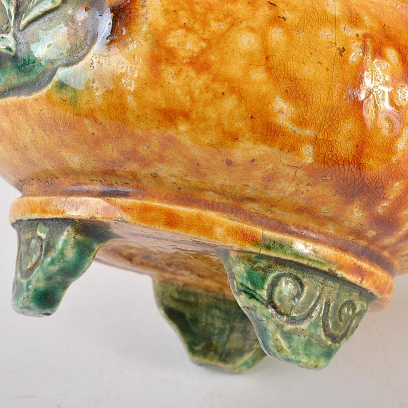 中国　三彩　花文　沖耳爐　三足香炉　時代箱　V　R7159