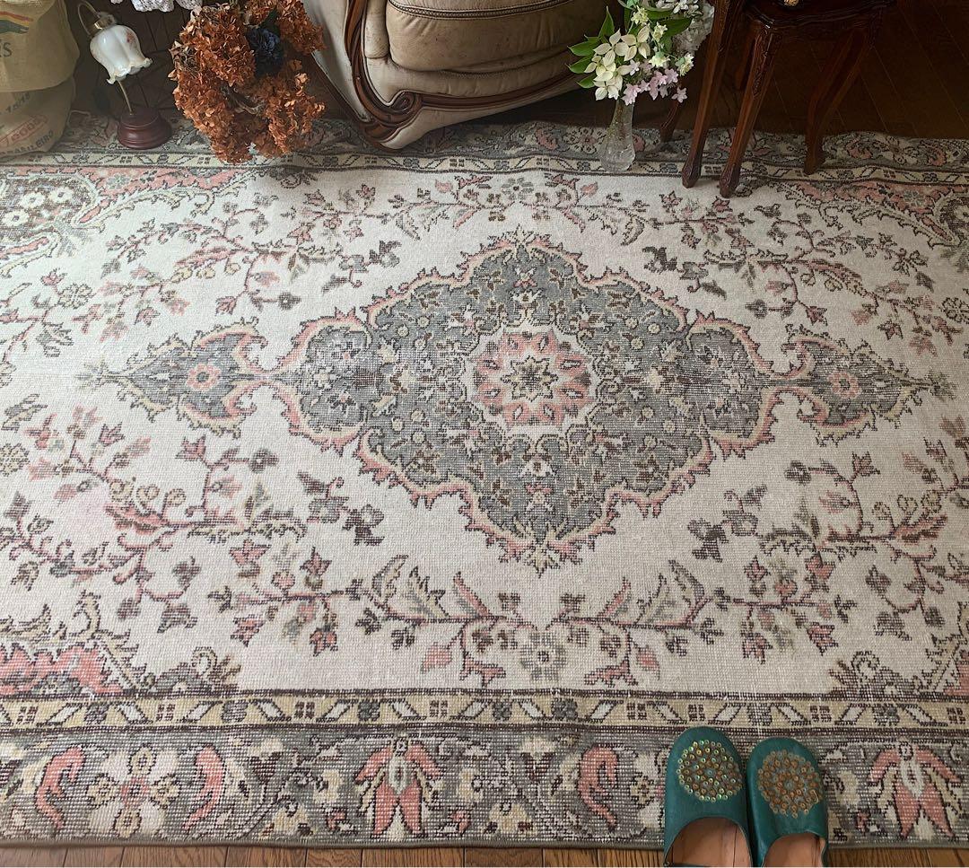 トルコヴィンテージラグ　超大判　272×158 ペールピンク　モスグレーグリーン