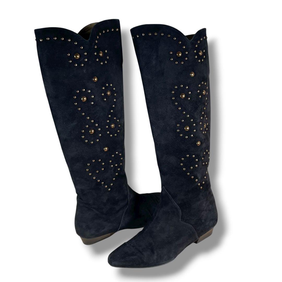 極美品 YSL イブサンローラン ロングブーツ スタッズ ウエスタンブーツ 黒