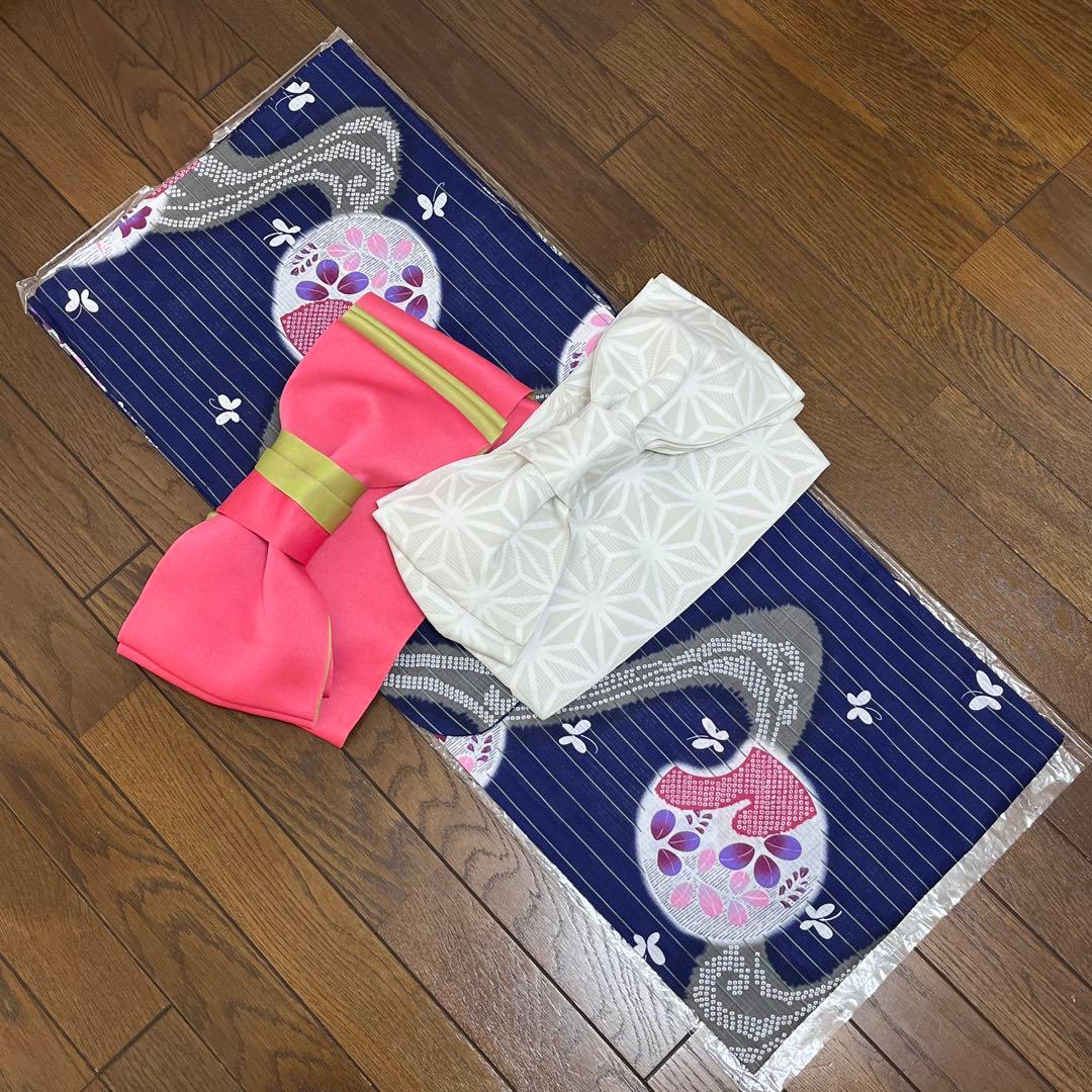 3.新品 5L6L 浴衣単品 紺地に鹿の子文様の流水柄 萩 桔梗