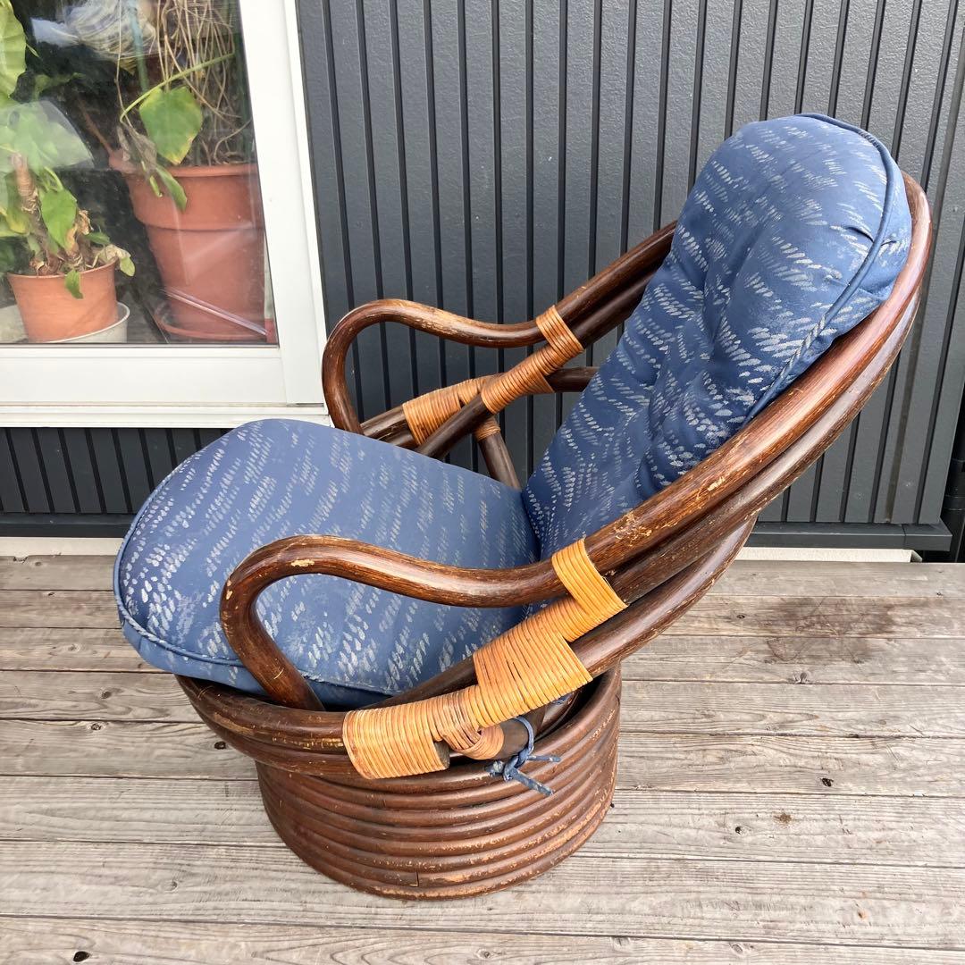 ② 昭和レトロ 回転式ラタンチェア ラウンドソファ エッグチェア アームチェア