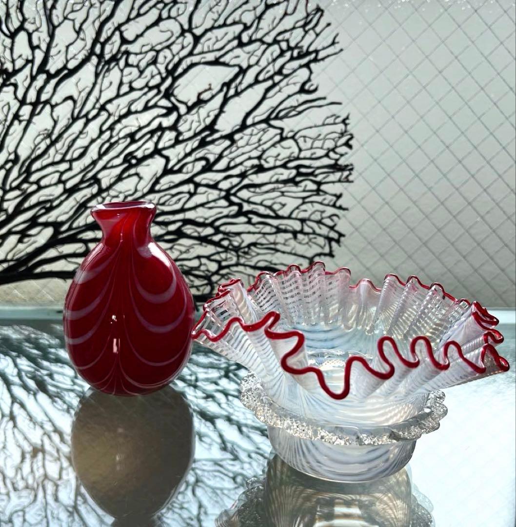 骨董　時代ガラス　超希少　金赤フチ　掻き揚げ模様　菓子器　氷鉢　ウランガラス