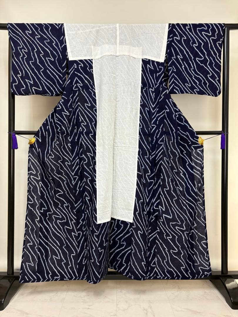 浴衣 絞り 藍色 流水 居敷当て有り