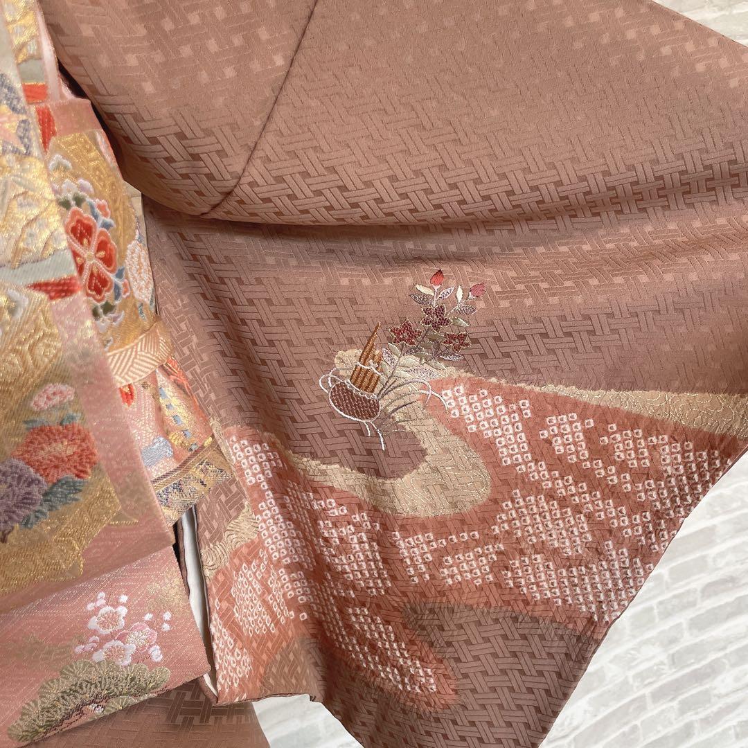 訪問着　フルセット　花　観世水　鹿の子絞り　相良刺繍　手刺繍　着物　L2