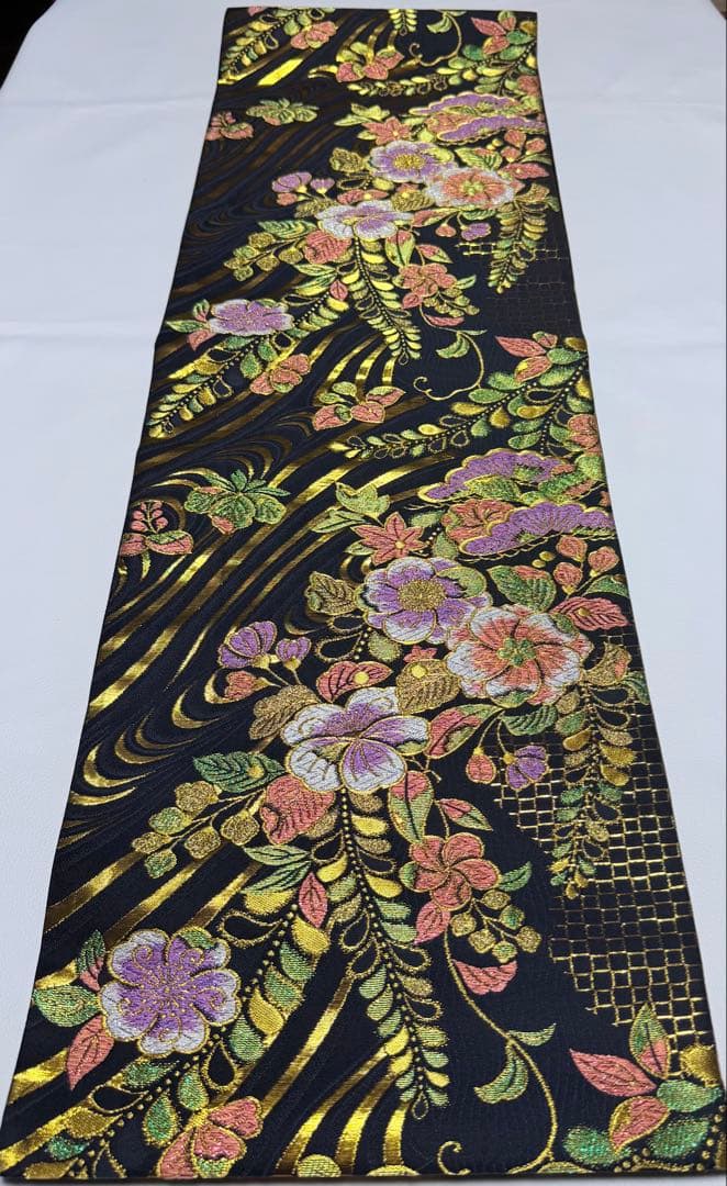 高級 袋帯 正絹 六通柄 辻が花 ブラック ゴールド 振袖 訪問着 色無地