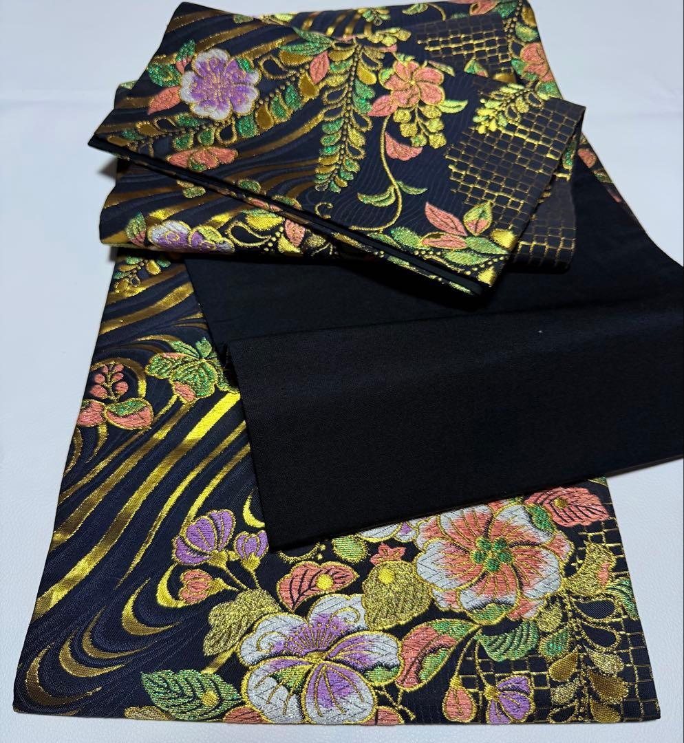 高級 袋帯 正絹 六通柄 辻が花 ブラック ゴールド 振袖 訪問着 色無地