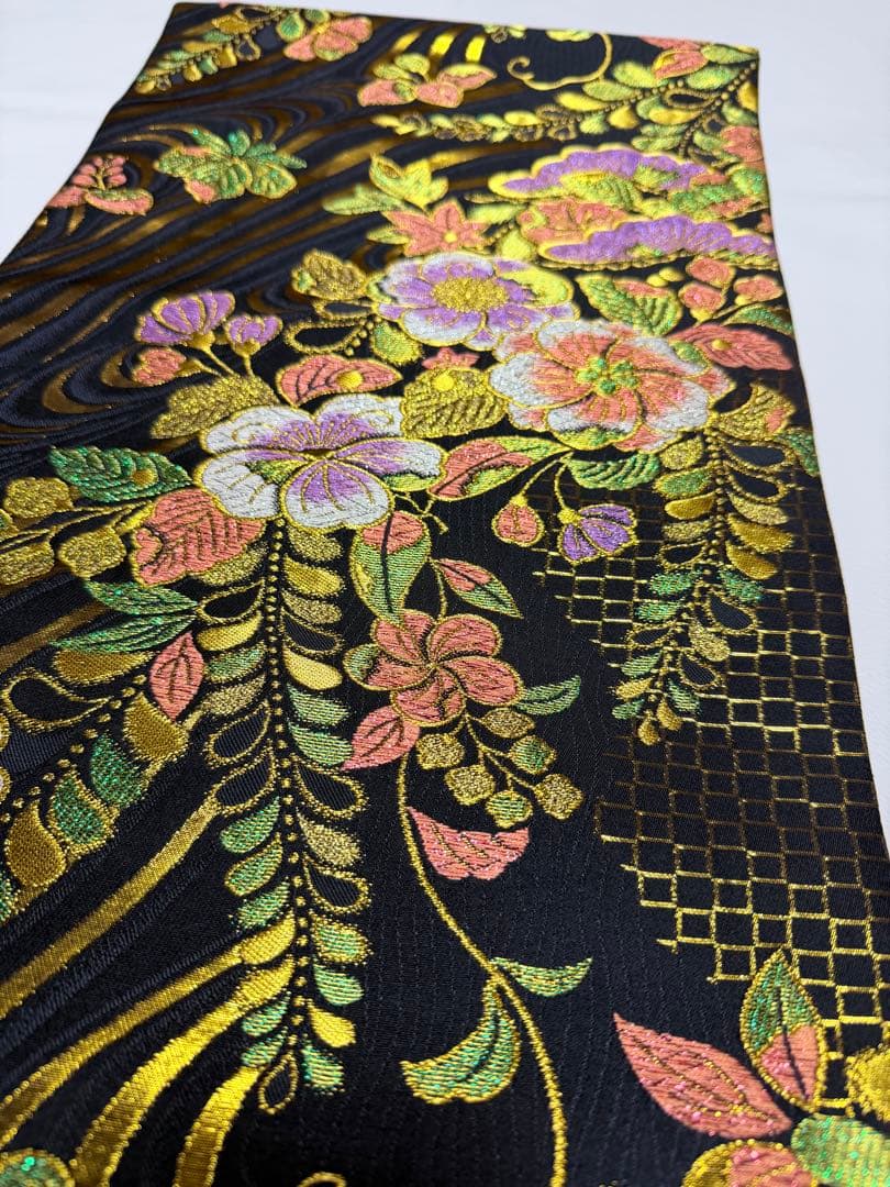 高級 袋帯 正絹 六通柄 辻が花 ブラック ゴールド 振袖 訪問着 色無地