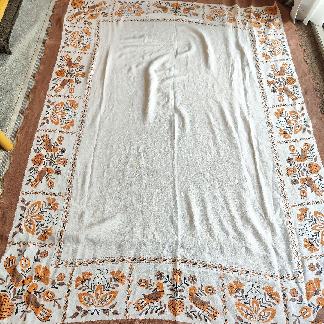 アメリカ　アンティークリネン　146x190㌢　テーブルクロス 鳥　レトロ