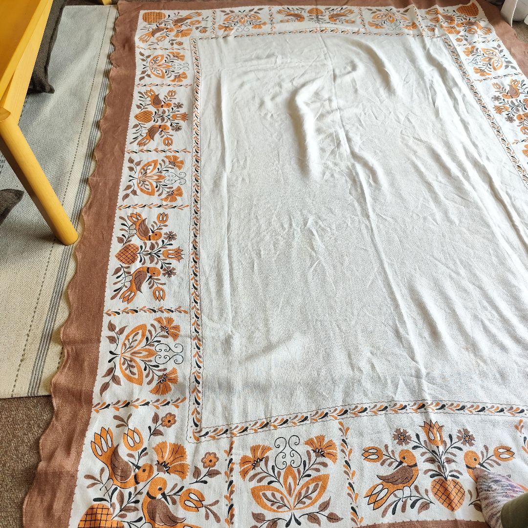 アメリカ　アンティークリネン　146x190㌢　テーブルクロス 鳥　レトロ