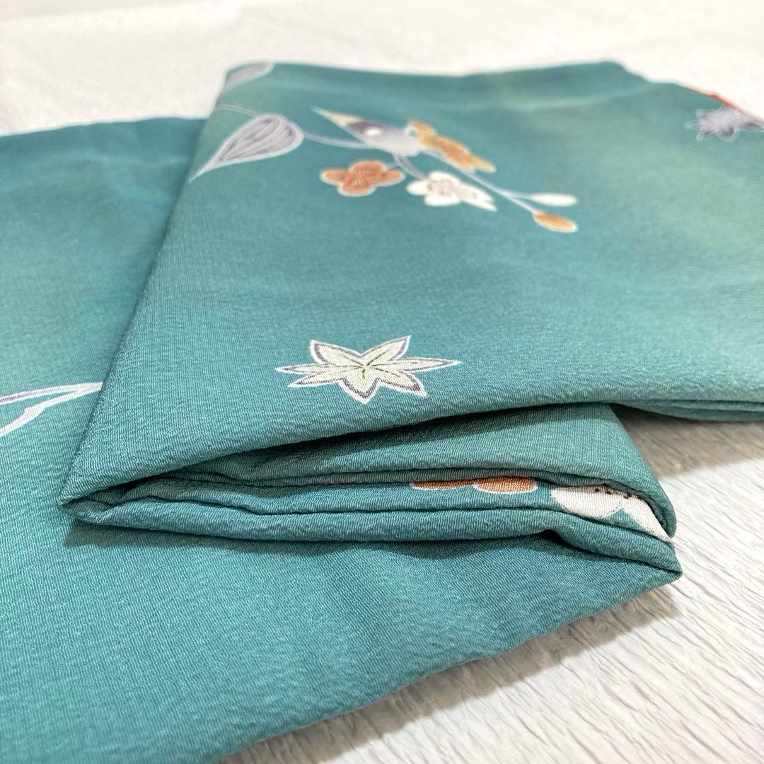 【良品✨】東レシルック　洗える着物　小紋　青みの緑色　梅　紅葉　手縫い仕立てB6