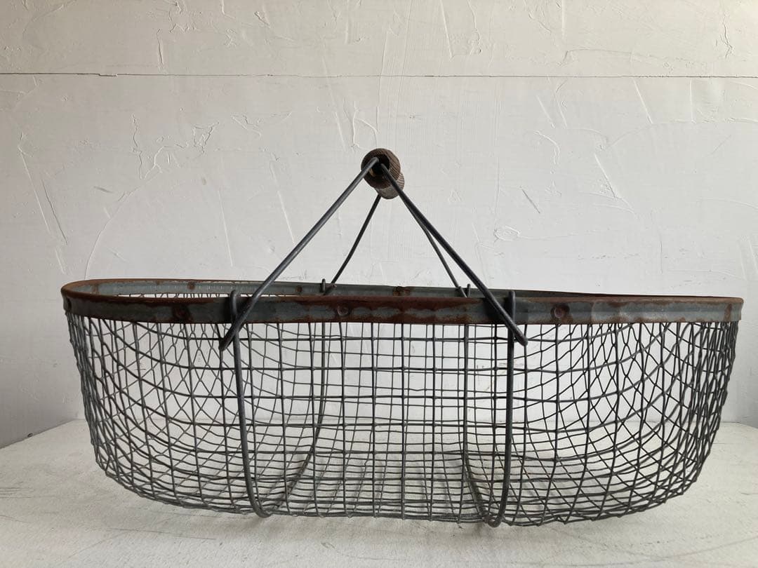 ワイヤーバスケット 楕円形 木製ハンドル