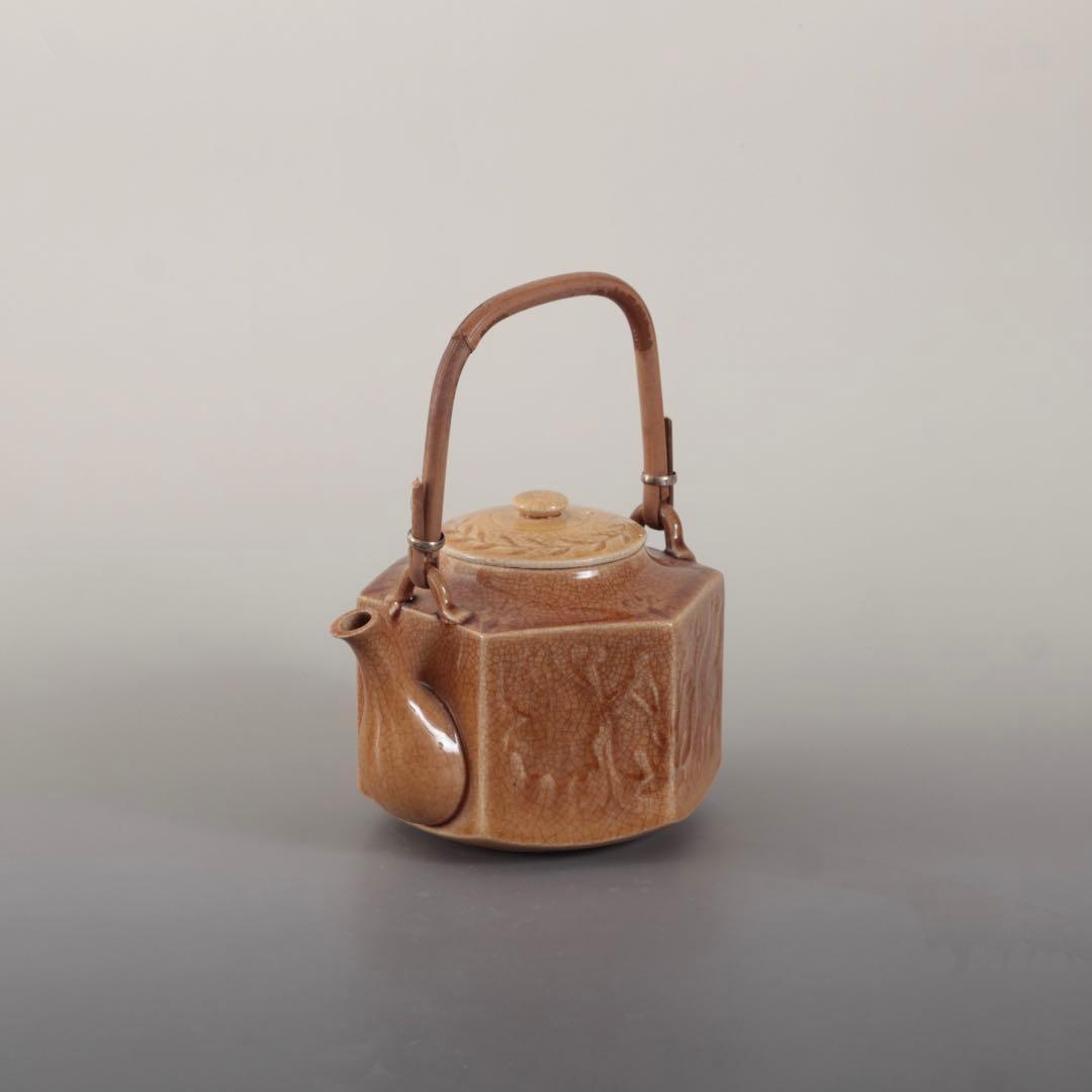 珉平焼 面取 飴釉 六角 急須 古道具 アンティーク 水注