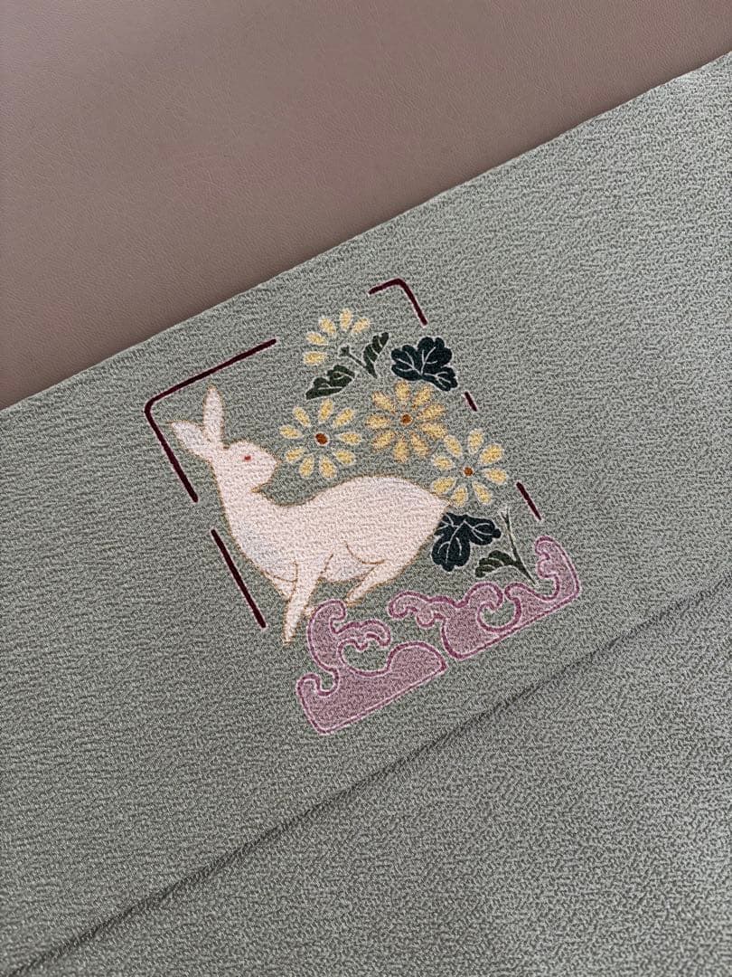 正絹 縮緬 九寸名古屋帯 金彩 花兎 手描き友禅 美品