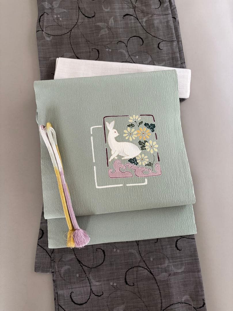 正絹 縮緬 九寸名古屋帯 金彩 花兎 手描き友禅 美品