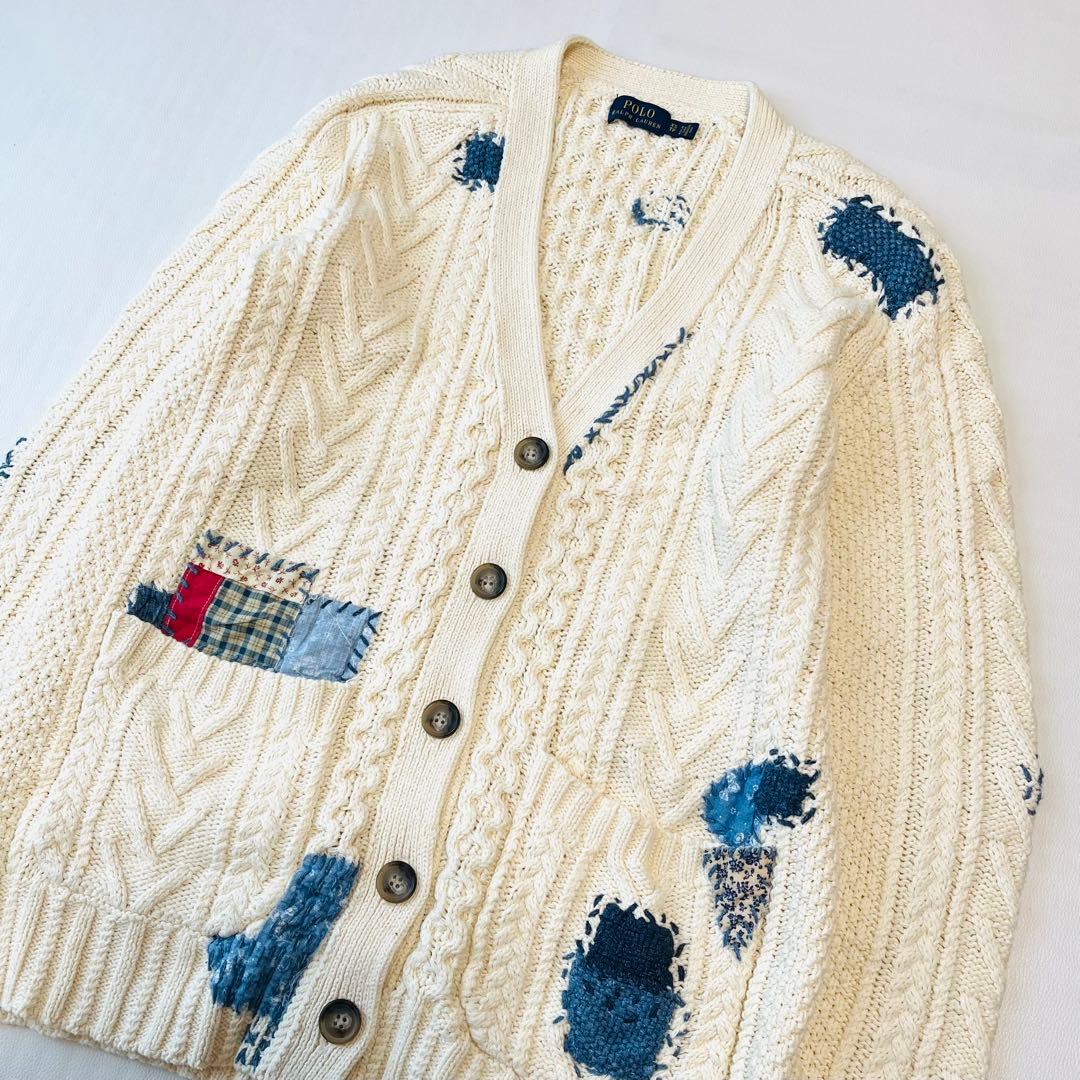 ポロラルフローレン コットン レザー エルボーパッチ パッチワーク カーディガン