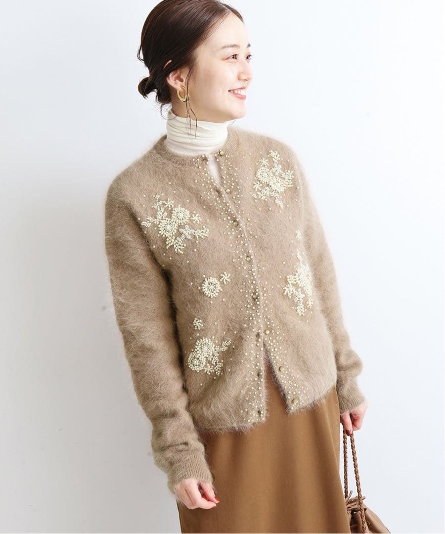 美品！IENA アンゴラ混 パールビーズ 刺繍カーディガン イエナ ファーニット