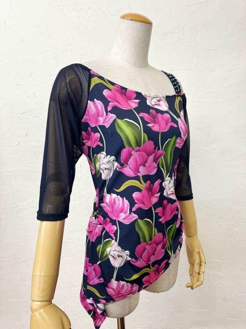 【紺】新品　社交ダンス　ピンク花柄プリント　アシンメトリーカットソーr241