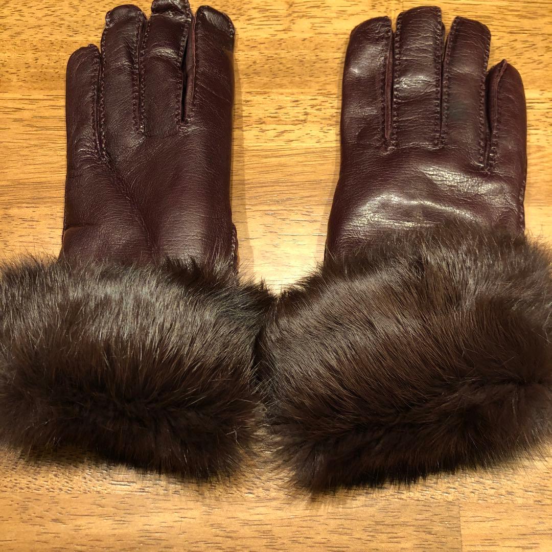 【未使用】レザー ファー付き手袋 ダークブラウン