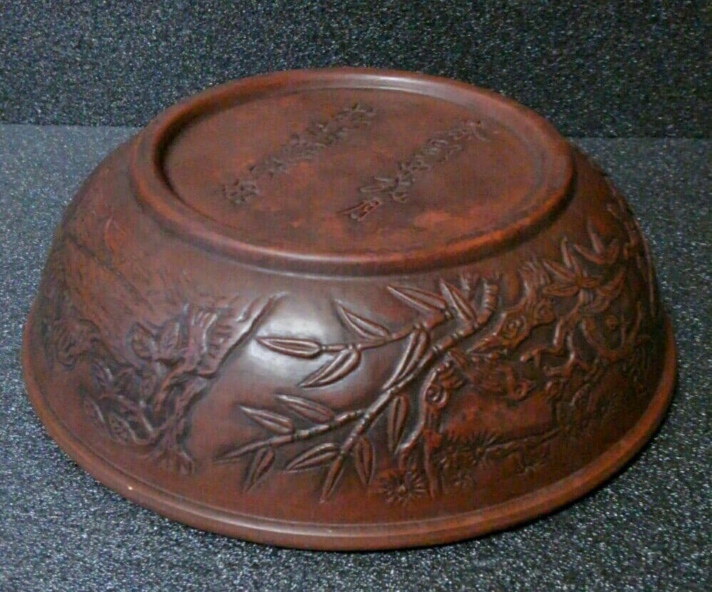 中国古陶磁器　清代　朱泥　漢詩　陽刻　浮彫　山水に花鳥図　鉢　筆洗　秀作