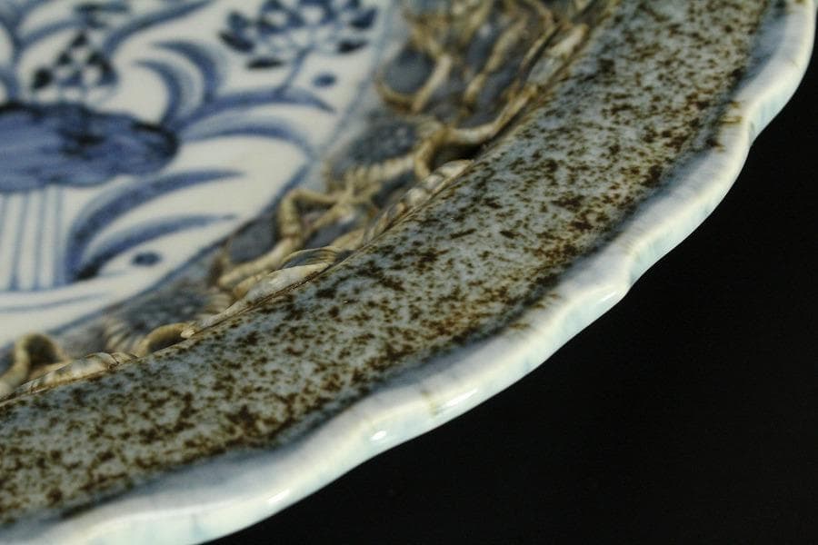 中国美術 纏枝蓮花貼 青華折口皿 φ47cm 美品(ZE727)