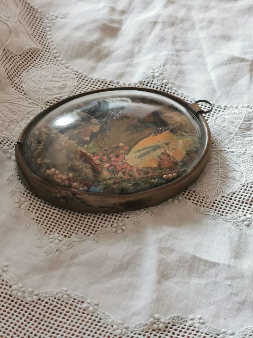 アンティーク ルルドのマリア 真鍮ガラスドームフレーム イコン ドライフラワー飾