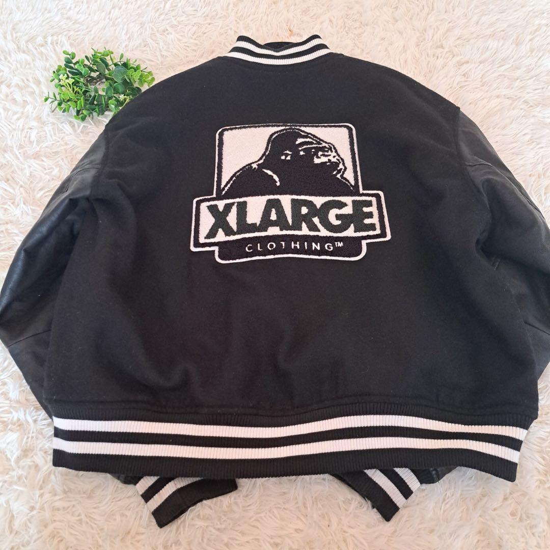 【即完売モデル】エクストララージ　袖切替レザー　パイルロゴ　ウールスタジャン　黒