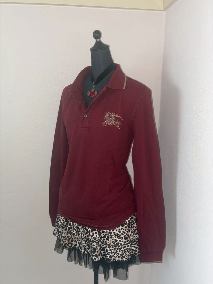 希少Burberryビッグポニー刺繍　y2k平成ギャル英字ボタンぴちポロ　リブ