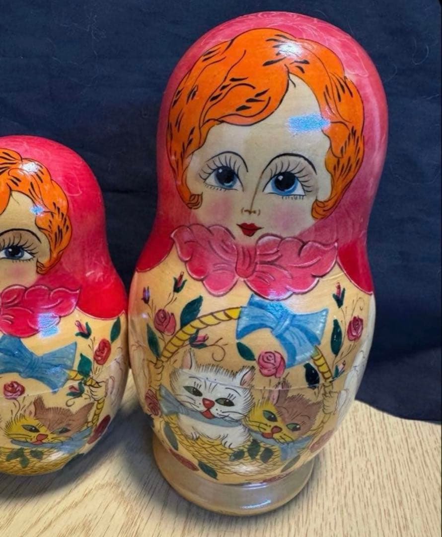 ヴィンテージ ロシア　デザイナーズ　猫と女の子マトリョーシカ　長期保存