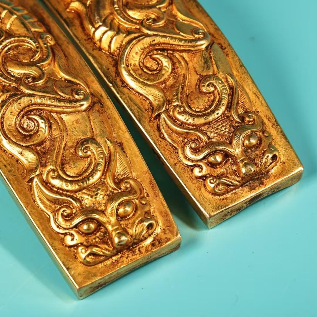 中国古美術・鎏金の龍紋如意腰帯留めセット・純銅细密彫・純手作り・高浮彫り・根付