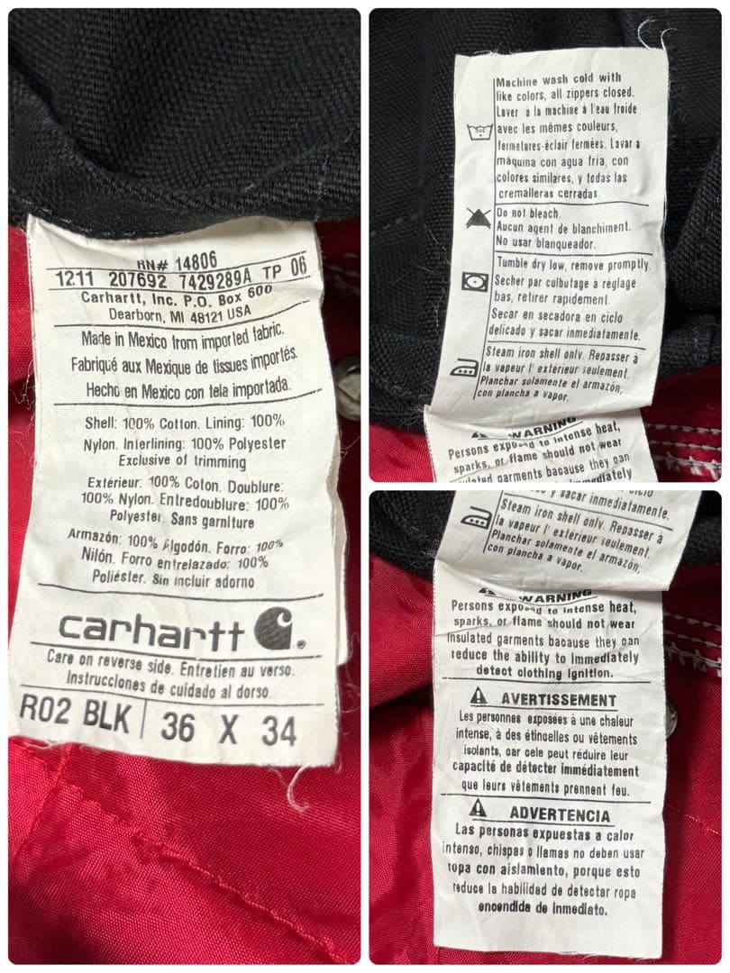 カーハート　メキシコ製　ダック地　オーバーオール　ダブルニー　黒　36/34.