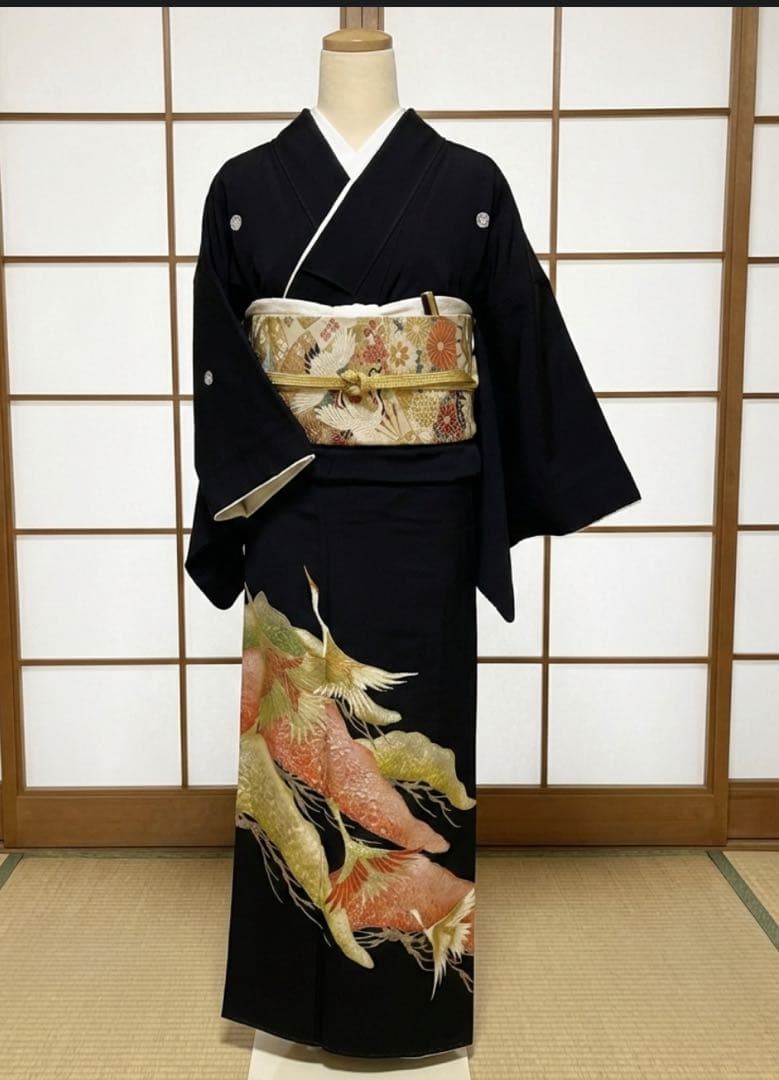 美品　黒留袖　総柄　袋帯　鶴　4点フルセット　結婚式　比翼仕立て　礼装　着物
