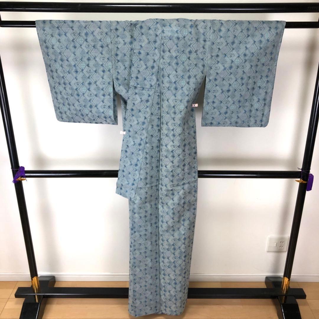 SK-035 夏着物 紬 薄物 広衿 菱 華 甕覗色